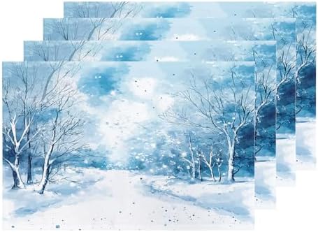 Shrahala Watercolor Winter Landscape Set Of 4 12 X 18 Inch Linen Placemats , Blue Snow Fir Snowy Land Burlap Table Mat Washable Double Layered Heat Insulation For Indoor/Outdoor