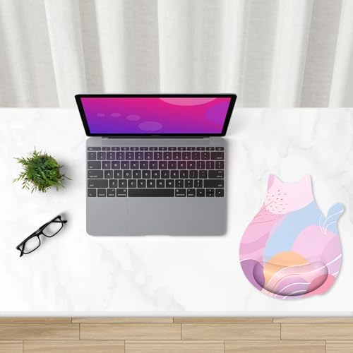 Ergonomic Mouse Pad with Wrist Rest, Cute Cat Memory Foam Padded Pain Relief Non-Slip Wrist Support Mouse Mat for Gaming Work Computer Laptop, Funny Office Supplies Desk Accessory, Pink Art