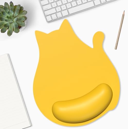 Ergonomic Mouse Pad with Wrist Rest, Cute Cat Memory Foam Padded Pain Relief Non-Slip Wrist Support Mouse Mat for Gaming Work Computer Laptop, Funny Office Supplies Desk Accessory, Yellow