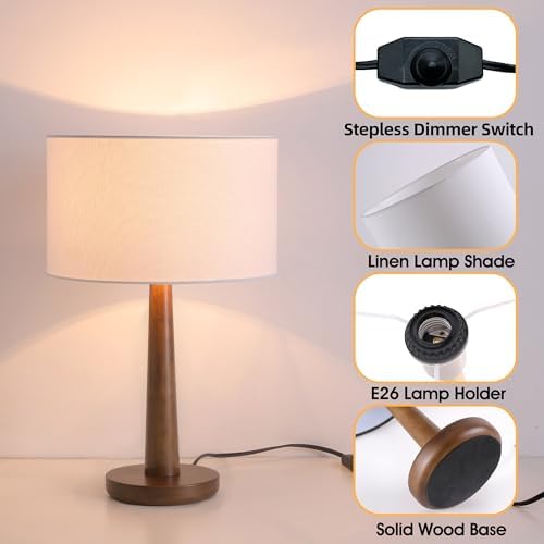 18.5" Modern Dimmable Walnut Wood Table Lamp with Linen Shade, White
