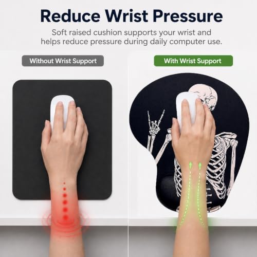 Mouse Pad with Wrist Support, Ergonomic Mouse Pads with Memory Foam Wrist Rest, Easy Typing Pain Relief, Comfortable Home Office Computer Wrist Support Pads for Working Studying Gaming, Human Skeleton