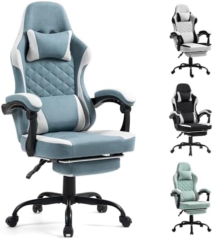 Gaming Chair with Footrest for Adults - Ergonomic Gaming Chairs with Foot Rest - Big and Tall Computer Game Chair - Fabric Reclining Video Game Chairs with Spring Cushion - Blue/Light Grey