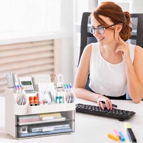 HBlife Desk Organizer with Pencil Pen Holder for Desk, Pen Organizer with 2 Drawers, Desk Organizers and Accessories with Compartments, Desktop Storage for Office, Home, School, Art Supplies, White