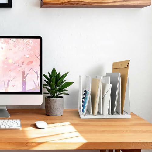 LEKETREE Small Desk File Organizer, 5-Section Upright File Sorter, Vertical File Folder Holder, Mesh Metal Wood Office Desktop Organization for Document, Magazine, Books and more (White)