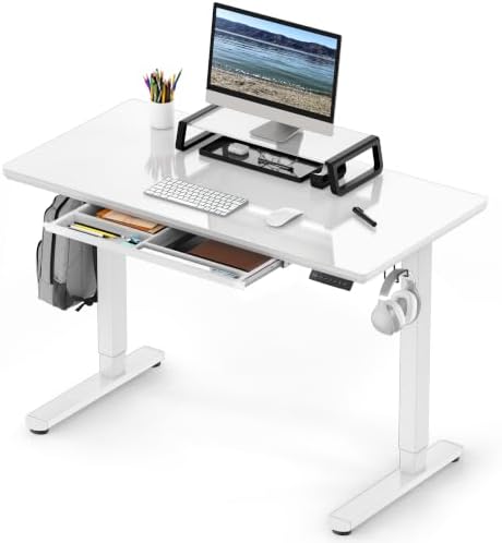 SHW 48-Inch Glass Electric Height Adjustable Standing Desk, White