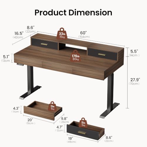 60" Standing Desk with 5 Drawers, Electric Adjustable Home Office Desk