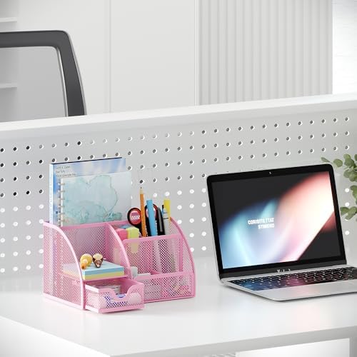 EasyPAG Mesh Desk Organizer with Drawer Multi-functional Pen Holder Stationery Organizer for Office School Supplies 6 Compartments Dorm Organizers and Storage for Desk, Light Pink