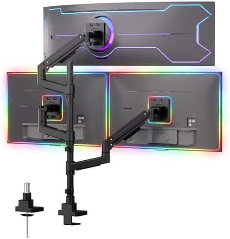 Mount-It! Heavy-Duty 2+1 Triple Monitor Mount, Stacked Ultrawide Desk Monitor Arm for One 49” Screen + Two 35” Monitors, 44 lb Gas Spring Arms, Clamp & Grommet Mount
