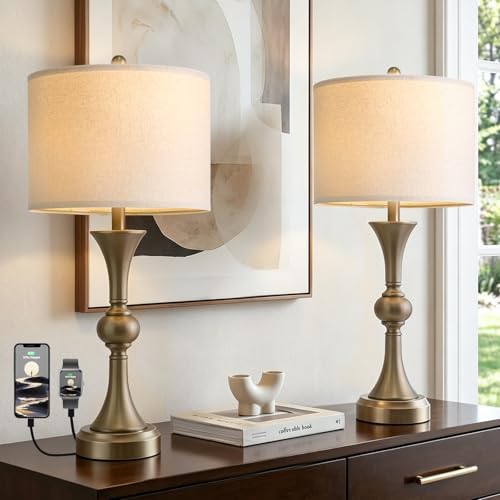 Oneach 28" Modern Table Lamps Set of 2 for Living Room Bedroom, USB A+C