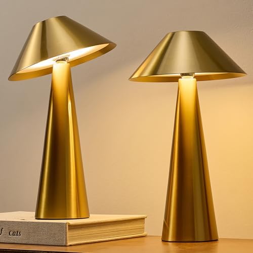 Bojim 2 Pack Rechargeable Cordless Table Lamp, Gold LED Battery Operated Wireless Table Lights, Touch for Color Changing Dimmable, IP54 Waterproof for Restaurant, Dining, Outdoor, Patio, Outside