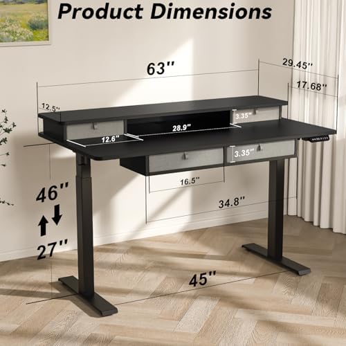 FiCiHi 63x30Inch Standing Desk with Drawers,Electric Height Adjustable Desk