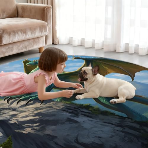 Dragon Round Area Rug - 2.6ft Washable Western Dragon Round Rug for Kitchen, Boy's Room Playroom Circle Rugs Soft Non-Slip Carpet for Bathroom Entryway Decor Mat