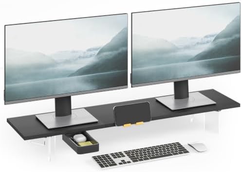 TEAMIX 39.4 inch Dual Monitor Stand with Acrylic Leg, Drawer & Phone Holder