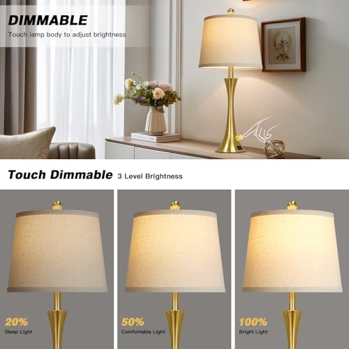 Rinweey 27.5" Gold Lamps for Living Room, Touch Control 3-Way Dimmable Bedside Nightstand Lamps Bedroom Lamp,Modern Gold Table Lamp with USB A+C Ports,Tall Lamps for Living Room End Table（1Pack）