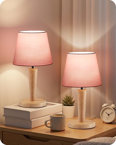 12" Wood Bedside Table Lamps Set of 2, Small Desk Lamps for Small Places, 3 Color Temperatures with Memory, Pink Linen Shade & E26 Bulbs, for Bedroom Living Room Office MP13TLP205