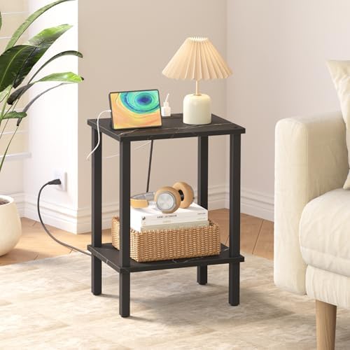 TUTOTAK End Table with Charging Station, Side Table Set of 2, Nightstand