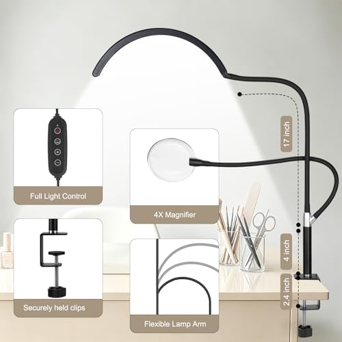 Half Moon Desk Lash Light with 4X Magnifier, 2-in-1 Dual Arm Gooseneck Clamp Lamp for Eyelash Extension, Shadow-Free Esthetician Light, Adjustable Color & Brightness for Tattoo, Sewing, Crafts