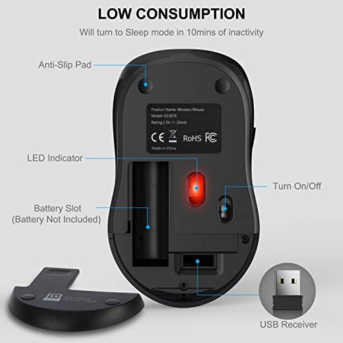 WisFox 2.4GHz Wireless Mouse for Laptop, Ergonomic 6-Button Design, Grey