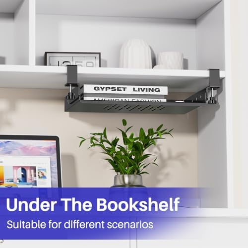 BYMECOST No Drill Under Desk Laptop Mount, Metal Under Desk Storage Shelf