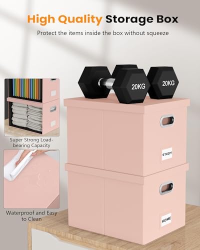 Oterri 2 Pack File Storage Organizer Box,Filing Box,Portable File Box with Lid,Fit for Letter/Legal File Folder Storage, Cream-pink(Leather)-Box only