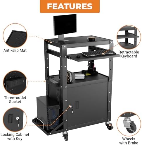 Mobile AV Cart with Side Shelves, Rolling Computer Cart Height Adjustable Rolling Media Utility Cart with Pullout Keyboard Tray Extra Storage Space, 4 Outlets, Perfect for Home or Office Use