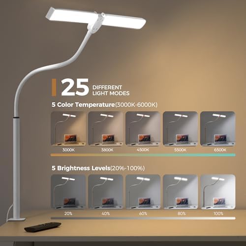 Motumen Led Desk Lamp for Home Office, Eye-Care Desk Light Clamp, White