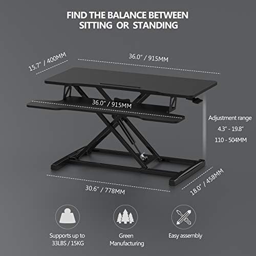 FITUEYES Height Adjustable Standing Desk 36” Wide Sit to Stand Converter