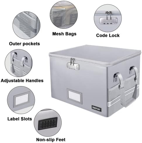 ENGPOW File Box with Lock, Fireproof Document Box with Pockets, Collapsible File Organizer Filing Storage Cabinet with Handle, Portable Home Office Safe for Hanging Letter/Legal Folders,Silver,2 Pack