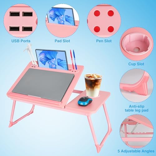 Laptop Bed Desk, Adjustable Lap Desk, Small Laptop Table with USB Charge Port, Desktop Card &Pen Slot, Cup Holder, Foldable Bed Tray Table for Couch Sofa Chair Floor Eating Working