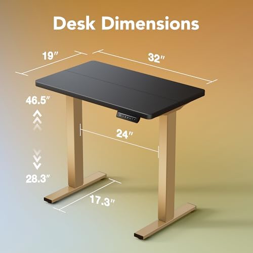 HUANUO 32" Small Electric Standing Desk Adjustable Height, 4 Memory Height Settings, Sit Stand Up Desk for Home Office & Computer Workstation, Black and Gold Frame