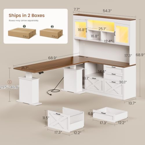 SEDETA 69" L Shaped Standing Desk with 4 Drawers, Detachable Bookshelf