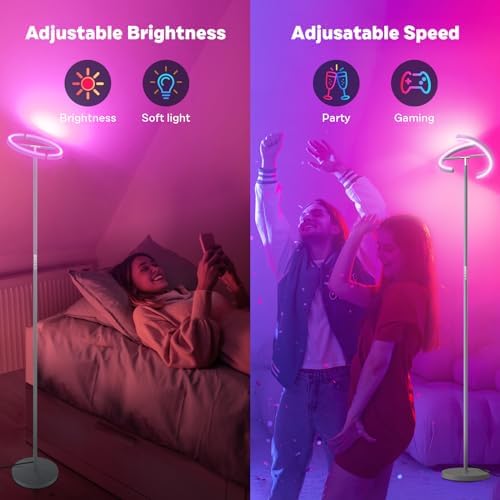 SIBRILLE Silver Gray RGBCW Floor Lamp, Bright Color Changing RGB Standing Lamp, Modern Stepless Dimmable LED Tall Lamp with Remote Control, 20W 3000-6000K Floor Lamps for Living Room, Bedroom, Office