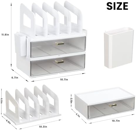 LALOBLUE Acrylic Desk Organizer with Drawer and Vertical File Holder, Desk Organizers and Accessories, Multi-Functional Office Supplies Organizer for Home or Work Desk, White