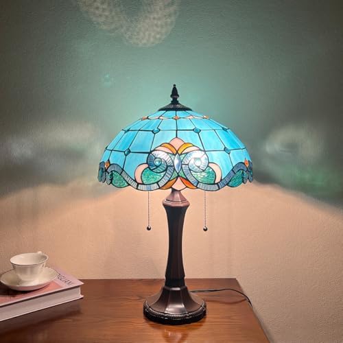 Tiffany Lamp 16" Large Blue Stained Glass Table Lamp for Living Room