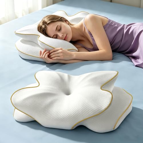 AZBESTPRO Memory Foam Cervical Pillow for Neck Support & Pain Relief, Butterfly Ergonomic Design – 24×15.75×5.7 Inches, Removable 100% Polyester Pillowcase, Suitable for Side & Back Sleepers (Gold)