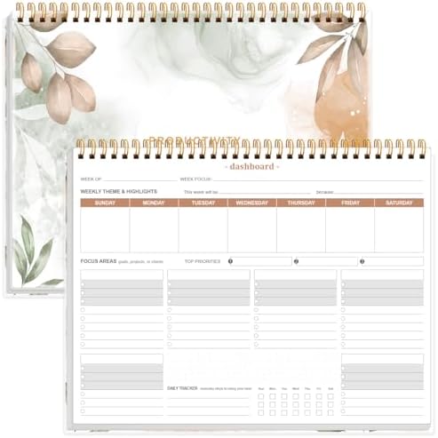 Weekly Productivity Planner - 8.5" x 11" Dashboard Desk Notepad Has 6 Focus Areas to List Tasks for Goals, Projects, Clients, Academic or Meal-Organize Your Daily Work Efficiently, 54 Weeks, Rose Leaf