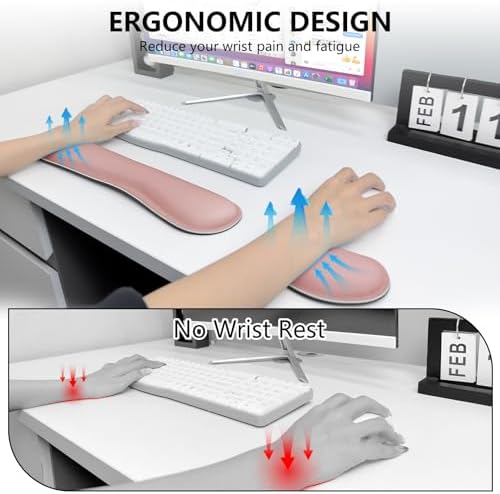 Wrist Rest for Computer Keyboard and Mouse, Ergonomic Design Wrist Support Pad for Keyboard, Soft Memory Foam Desk Pads Support Hand and Arm Easy Typing Pain Relief, 2 Piece Pad, Pink