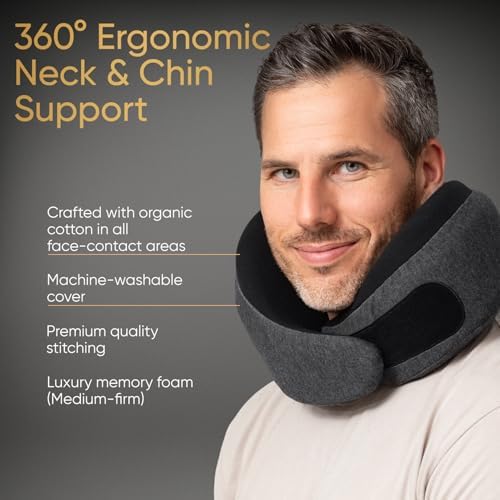 Proglobe Luxe Travel Neck Support Pillow, 100% Memory Foam, Ash Black
