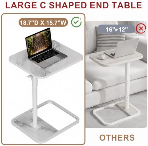 GOYLSER Large C Shaped Tv Trays Living Room End Table End Stand, White Marble Minimalist Wooden C Table for Sofa, Height Adjustable Tv Tray Tables Side Table for Dinner Eating