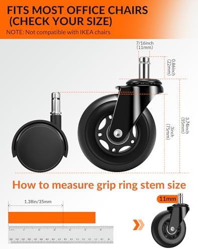Office Chair Wheels, Outstanding Replacement Roller Blade Wheels for Office Gaming Desk Chairs - 3 Inch Caster Wheel Set of 5 Heady Duty Safe for Hardwood Floors and Carpet, Smooth & Quiet - Black