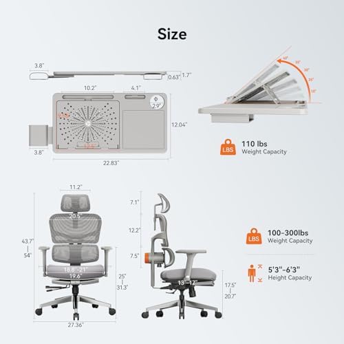 Newtral Office Chair Ergonomic - Home Office Desk Chair, Big and Tall Office Chair, Auto-Following Lumbar Support for Back Pain, Adjustable Seat Depth and Height (with Footrest + Laptop Tray, Gray)
