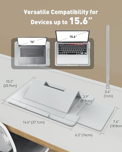 AboveTEK Adjustable Laptop Lap Desk, 3 Ergonomic Angles, PU Leather Non-Slip Surface, Heat Shield, Retractable Mouse Pad, Portable Laptop Lap pad for Bed, Sofa, Travel (Light Gray)