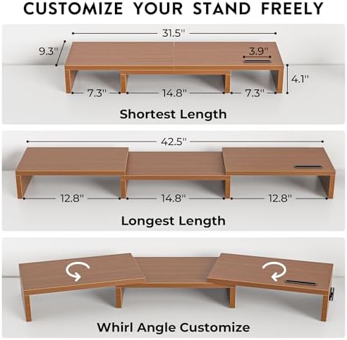 BONTEC Dual Monitor Stand Riser, Adjustable Length & Swivel Angle, Walnut