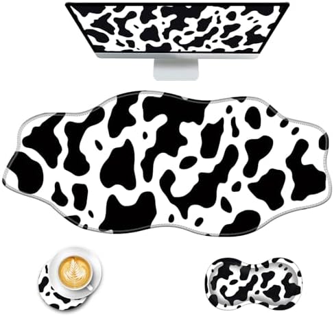 Mouse Pad with Wrist Support + Desk Mat + Coaster 3 in 1 Set, XXL Large Gaming Mousepad Ergonomic Mouse Pads for Desk Computer Laptop Office,Cute Cow Print