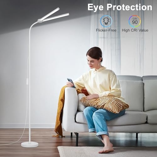 White Floor Lamp, 18W/2000LM Bright LED Floor Lamp for Living Room, Adjustable Gooseneck Dimmable Standing Office Task Lamp for Reading, Study, Eye Caring Lash Light for Sewing Tatoo Facial Spa