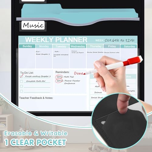 ALSLEA 8 Pockets Hanging Wall File Organizer 15" Extra Wide Pocket Chart for Classroom, Office, Home, Mail Organizer Wall Mounted with 1 Writable Clear Pocket, 5 Wall/ Door Hooks & 12 Labels (Black)