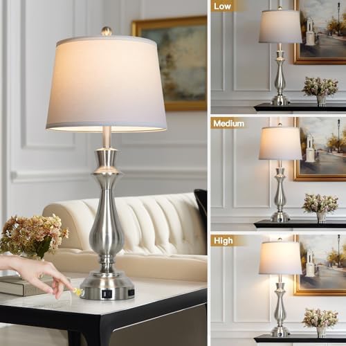 Modern Silver Table Lamp for Living Room,30" Tall Bedside Lamp with USB Charging Port,3-Way Dimmable Touch Nightstand Lamp for Bedroom Desk Side Table Office,Silver-1P