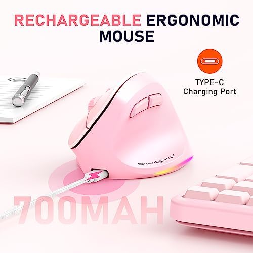 MEETION Left-Handed Ergonomic Mouse, Vertical RGB Design, Pink for Right