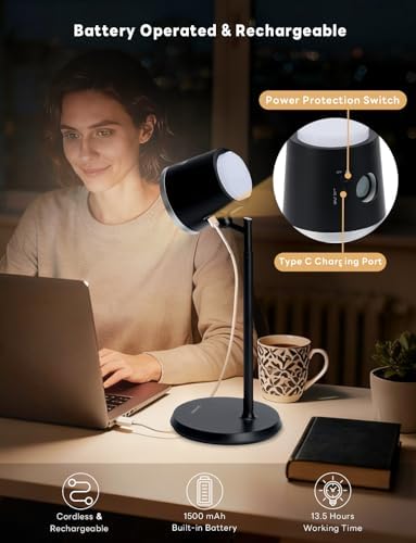 Magnetic LED Desk Lamp, Cordless Dimmable Reading Light, 3 Color Modes, 360° Rotatable, Multi-Scene Light for Home Office Bedroom Hallway Camping