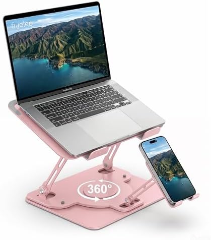 Laptop Stand for Desk,Adjustable Computer Stand with 360° Rotating Base,2-in-1 Laptop Stands with Phone Holder,Ergonomic Laptop Riser for Collaborative Work,fits for All 10-16" Laptops (Pink)